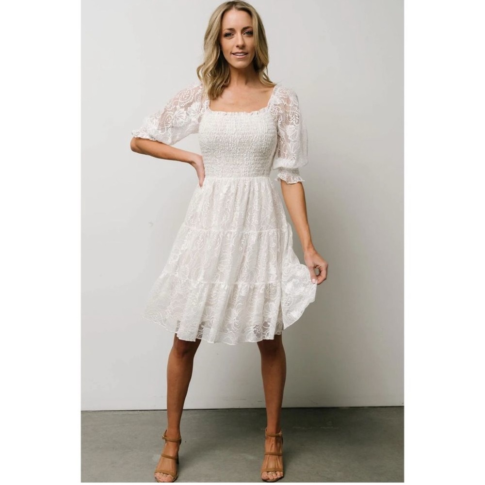 BALTIC BORN Tate Smocked White Lace Dress Tiered Bridal Cottagecore Boho XL‎